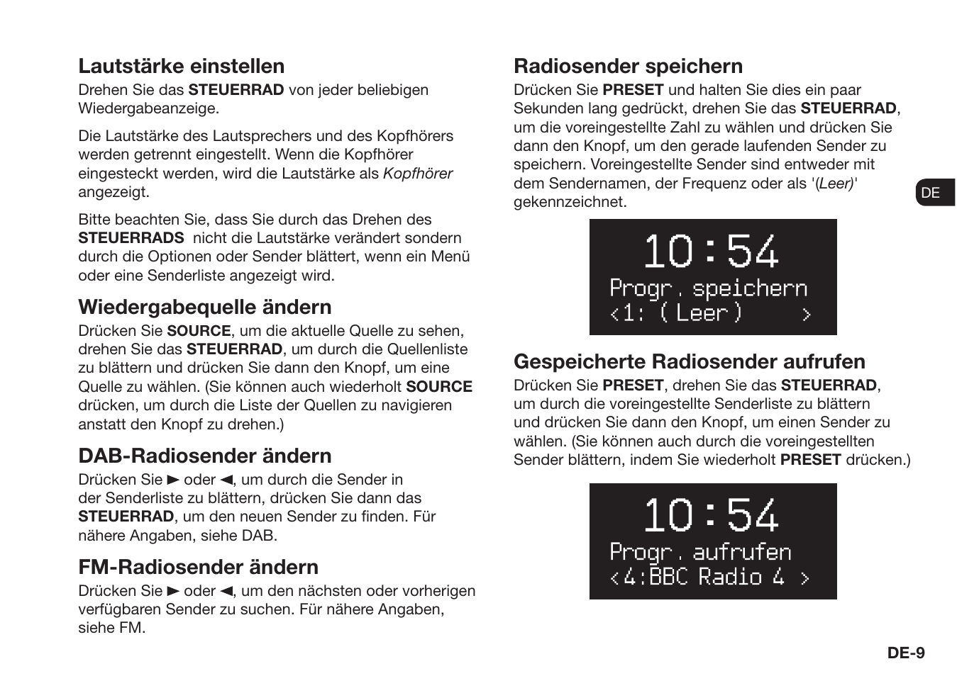 Lautstärke einstellen, Wiedergabequelle ändern, Dab-radiosender ändern | Fm-radiosender ändern, Radiosender speichern, Gespeicherte radiosender aufrufen | Ruark Audio R1 (mk3) User Manual | Page 49 / 160