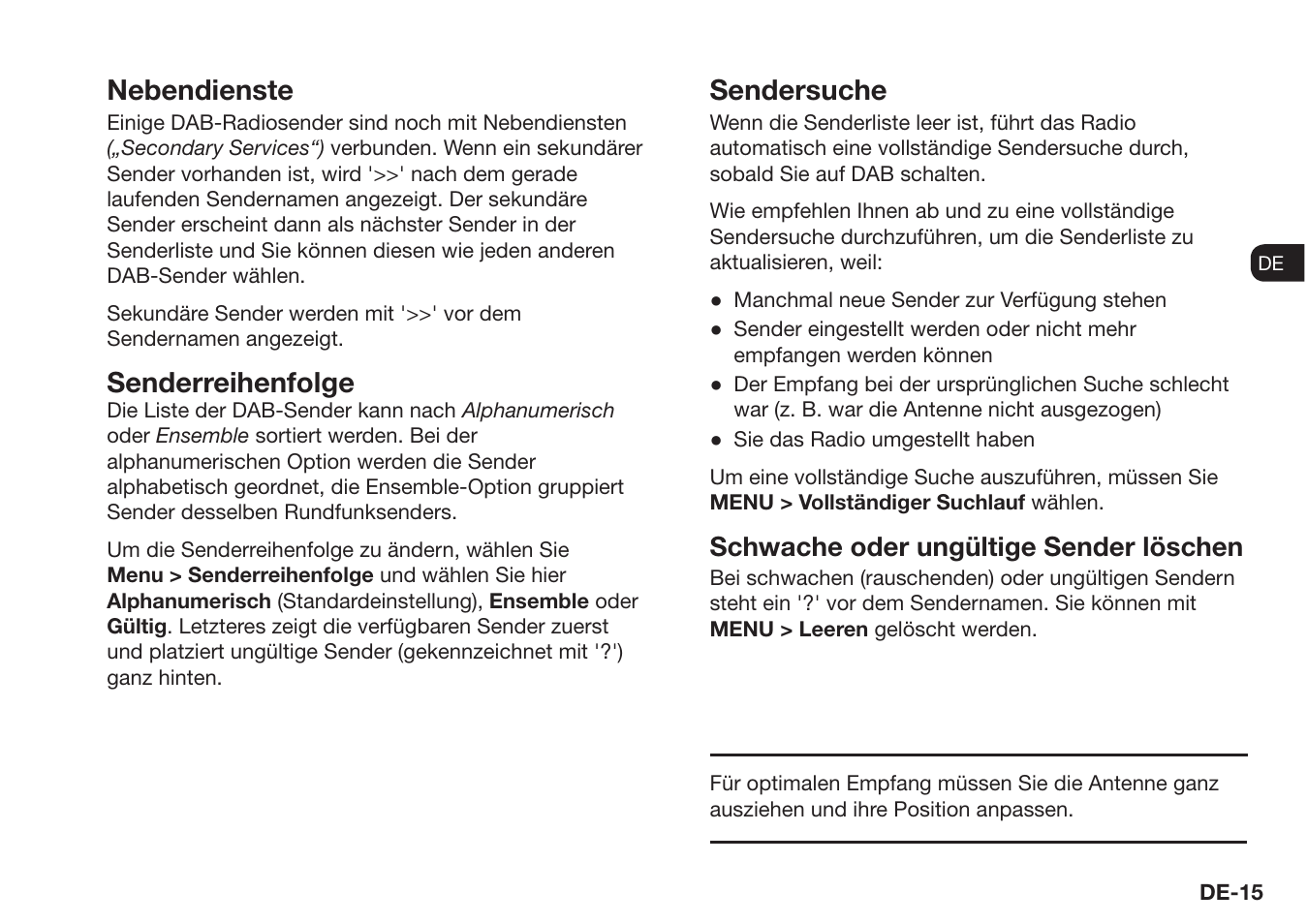 Nebendienste, Senderreihenfolge, Sendersuche | Schwache oder ungültige sender löschen | Ruark Audio R1 (mk3) User Manual | Page 55 / 160