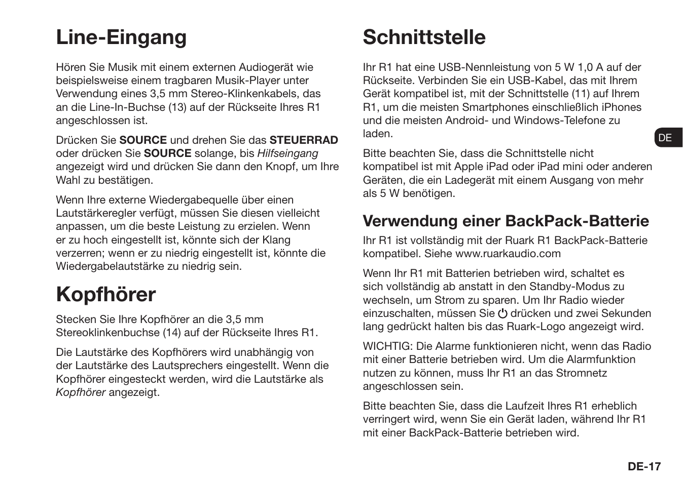 Line-eingang schnittstelle, Kopfhörer, Verwendung einer backpack-batterie | Ruark Audio R1 (mk3) User Manual | Page 57 / 160