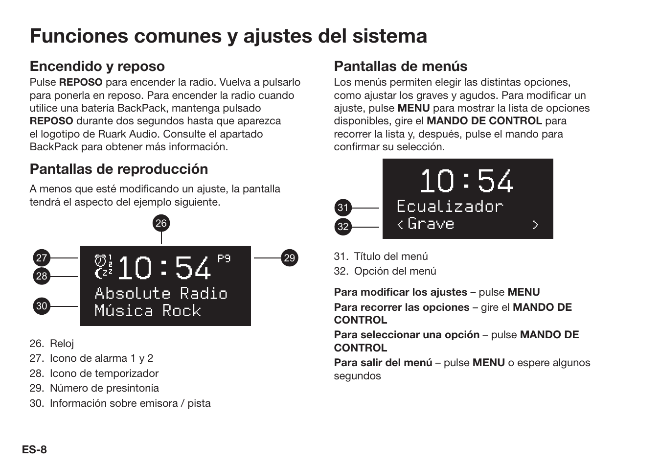 Funciones comunes y ajustes del sistema, Encendido y reposo, Pantallas de reproducción | Pantallas de menús | Ruark Audio R1 (mk3) User Manual | Page 68 / 160