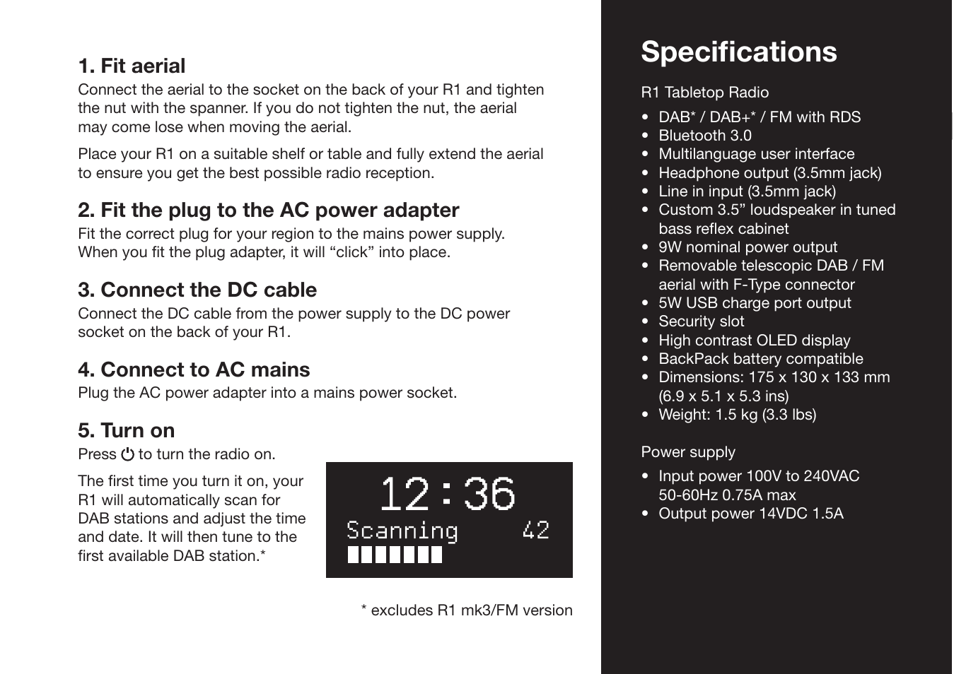 Specifi cations, Fit aerial, Fit the plug to the ac power adapter | Connect the dc cable, Connect to ac mains, Turn on | Ruark Audio R1 (mk3) User Manual | Page 7 / 160