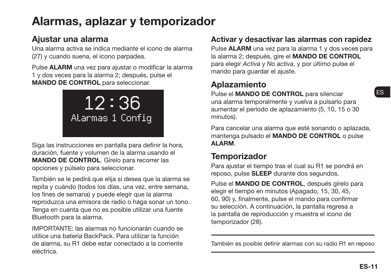 Alarmas, aplazar y temporizador, Ajustar una alarma, Aplazamiento | Temporizador | Ruark Audio R1 (mk3) User Manual | Page 71 / 160