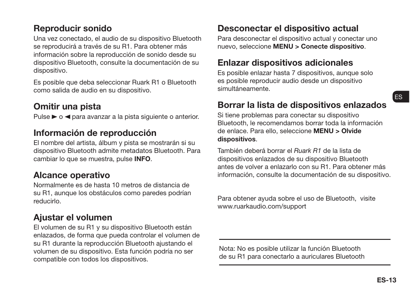 Reproducir sonido, Omitir una pista, Información de reproducción | Alcance operativo, Ajustar el volumen, Desconectar el dispositivo actual, Enlazar dispositivos adicionales, Borrar la lista de dispositivos enlazados | Ruark Audio R1 (mk3) User Manual | Page 73 / 160