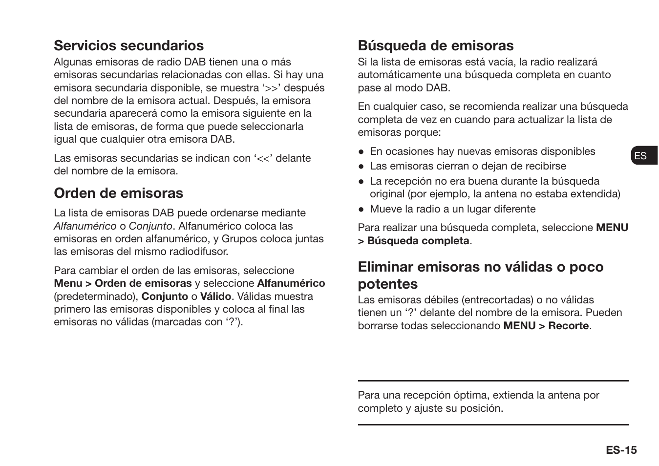 Servicios secundarios, Orden de emisoras, Búsqueda de emisoras | Eliminar emisoras no válidas o poco potentes | Ruark Audio R1 (mk3) User Manual | Page 75 / 160