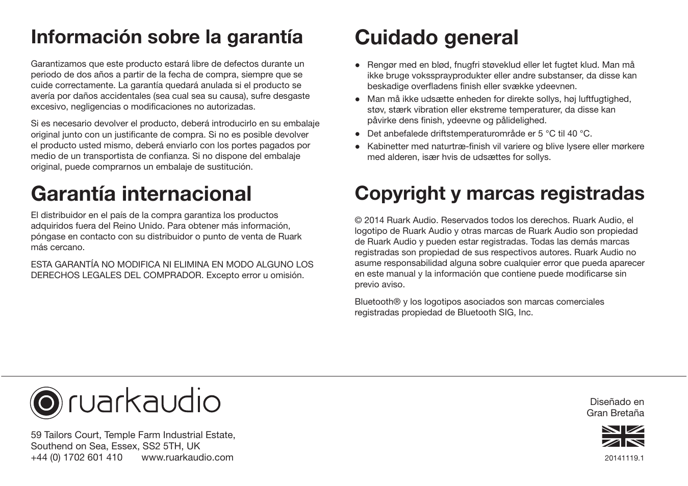 Garantía internacional, Cuidado general, Información sobre la garantía | Copyright y marcas registradas | Ruark Audio R1 (mk3) User Manual | Page 80 / 160