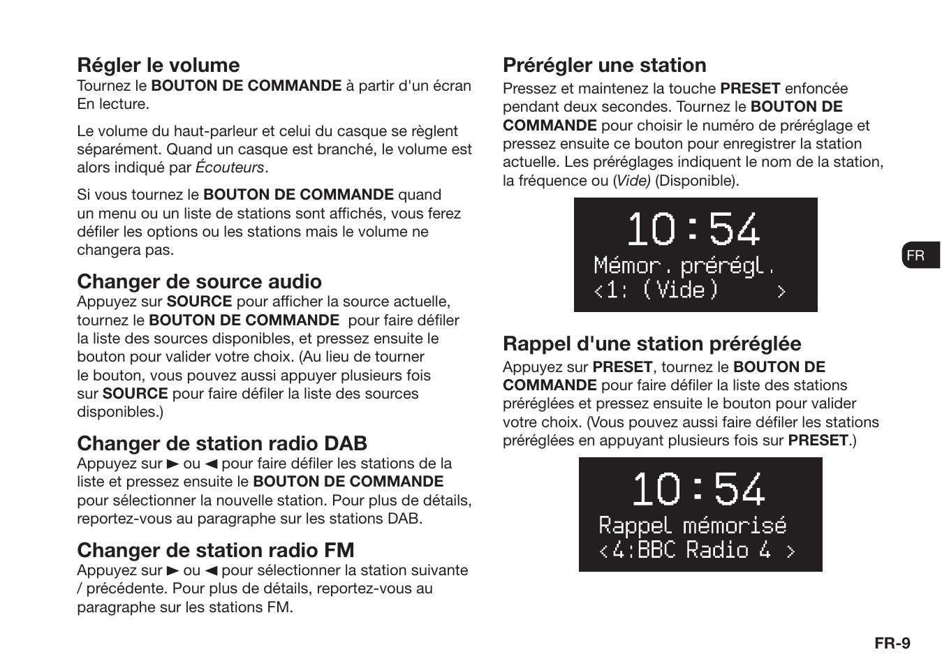 Régler le volume, Changer de source audio, Changer de station radio dab | Changer de station radio fm, Prérégler une station, Rappel d'une station préréglée | Ruark Audio R1 (mk3) User Manual | Page 89 / 160