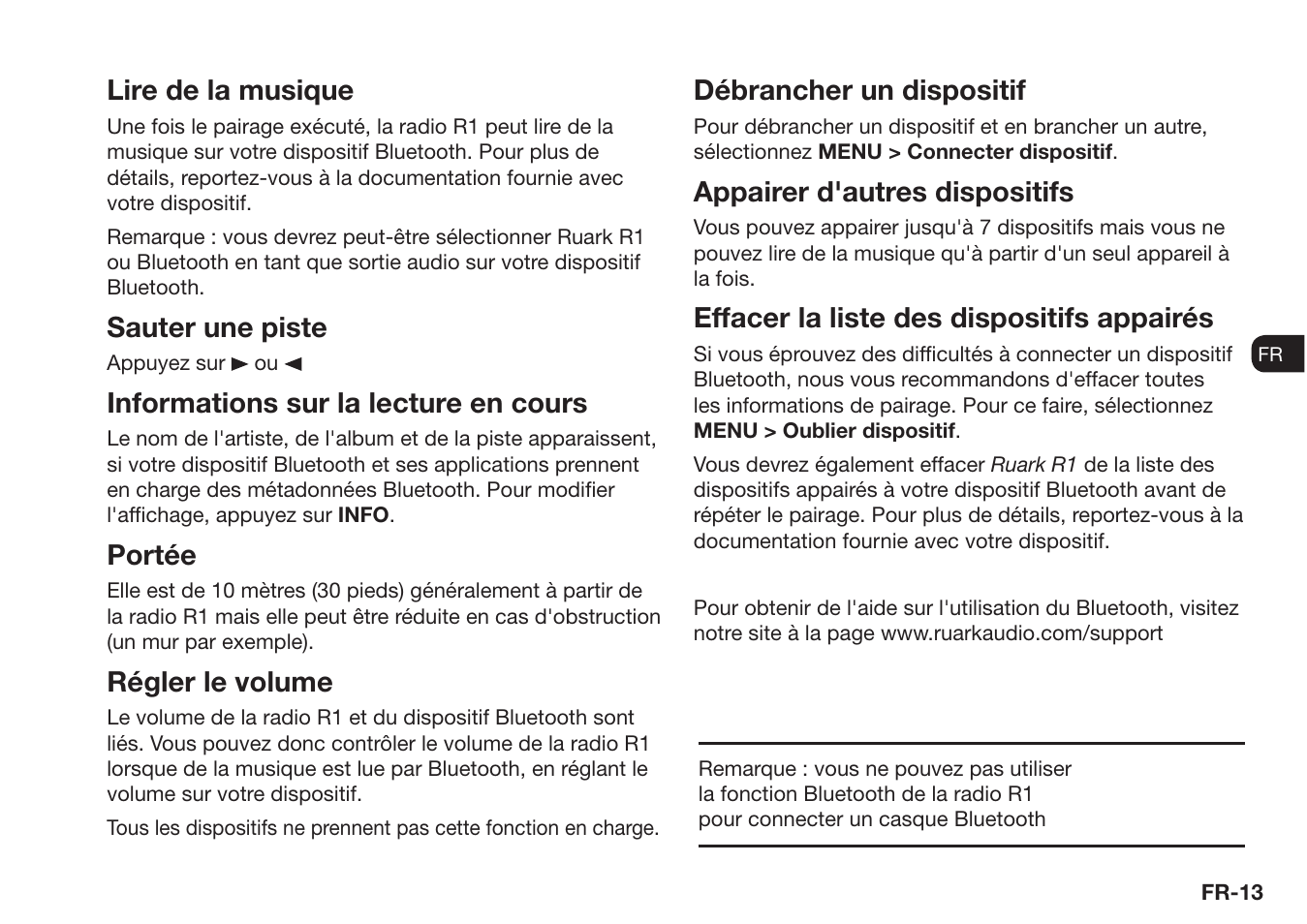 Lire de la musique, Sauter une piste, Informations sur la lecture en cours | Portée, Régler le volume, Débrancher un dispositif, Appairer d'autres dispositifs, Effacer la liste des dispositifs appairés | Ruark Audio R1 (mk3) User Manual | Page 93 / 160