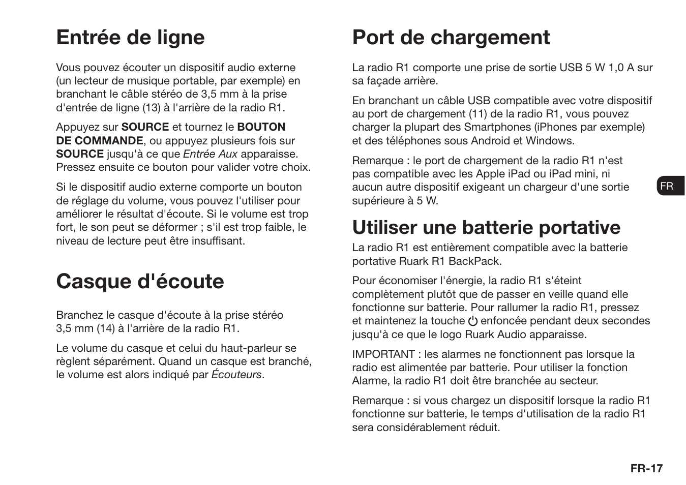 Entrée de ligne port de chargement, Casque d'écoute, Utiliser une batterie portative | Ruark Audio R1 (mk3) User Manual | Page 97 / 160