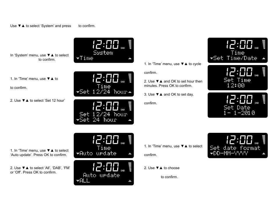 System settings, Set time/date, Auto update time | Set date format, Time, Set 12/24 hour | Ruark Audio R1 (mk2) User Manual | Page 10 / 84