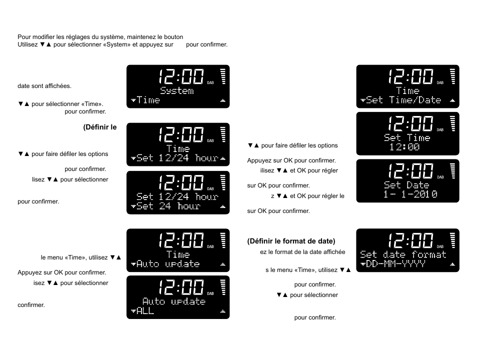 System settings (réglages du système), Set time/date, Auto update time | Set date format, Time, Set 12/24 hour | Ruark Audio R1 (mk2) User Manual | Page 22 / 84