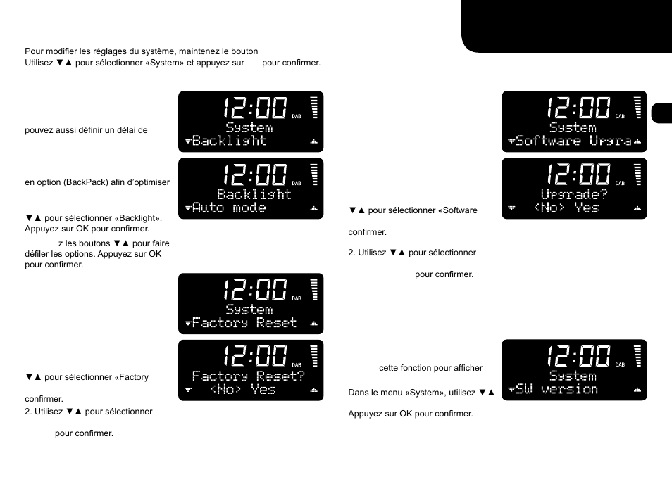 System settings (réglages du système), Backlight, Factory reset | Software version, Software upgrade | Ruark Audio R1 (mk2) User Manual | Page 23 / 84