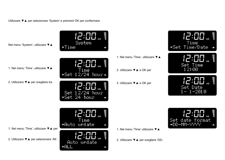 Impostazioni di sistema, Set time/date, Auto update time | Set date format, Time, Set 12/24 hour | Ruark Audio R1 (mk2) User Manual | Page 46 / 84
