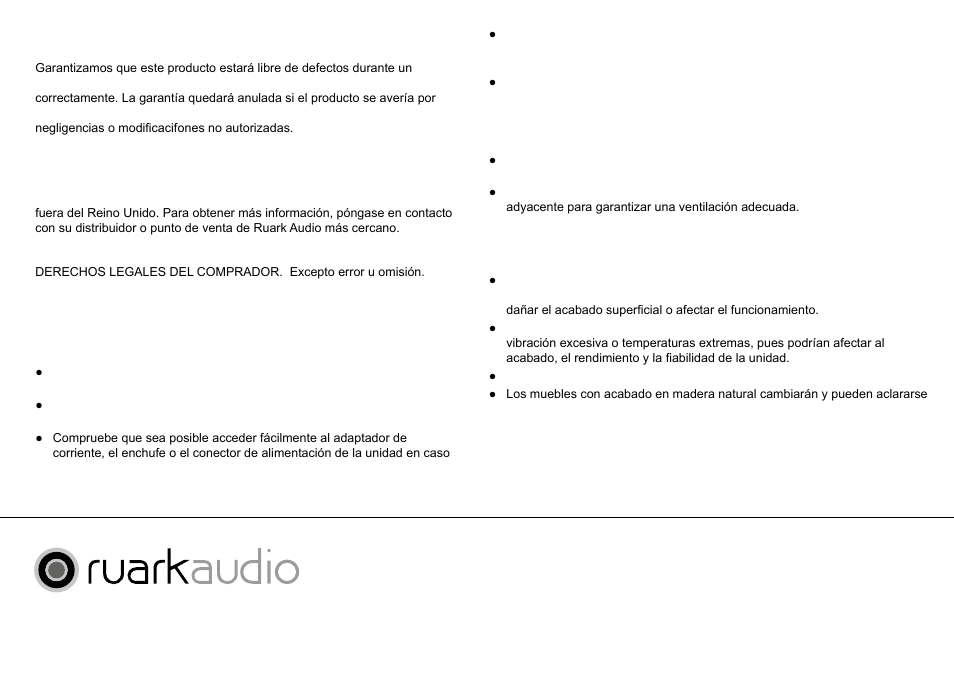 Información sobre la garantía, Garantía internacional, Precauciones | Cuidado general | Ruark Audio R1 (mk2) User Manual | Page 60 / 84