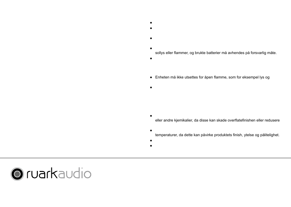 Garantiinformasjon, Garanti ved salg til andre land, Advarsler | Generelt vedlikehold | Ruark Audio R1 (mk2) User Manual | Page 72 / 84