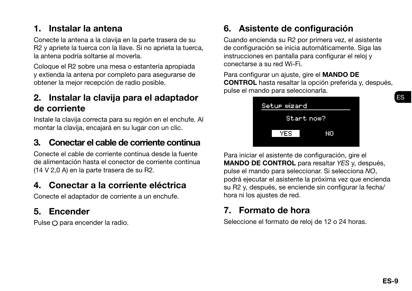 Instalar la antena, Instalar la clavija para el adaptador de corriente, Conectar el cable de corriente continua | Conectar a la corriente eléctrica, Encender, Asistente de confi guración, Formato de hora | Ruark Audio R2 (mk3) User Manual | Page 105 / 256