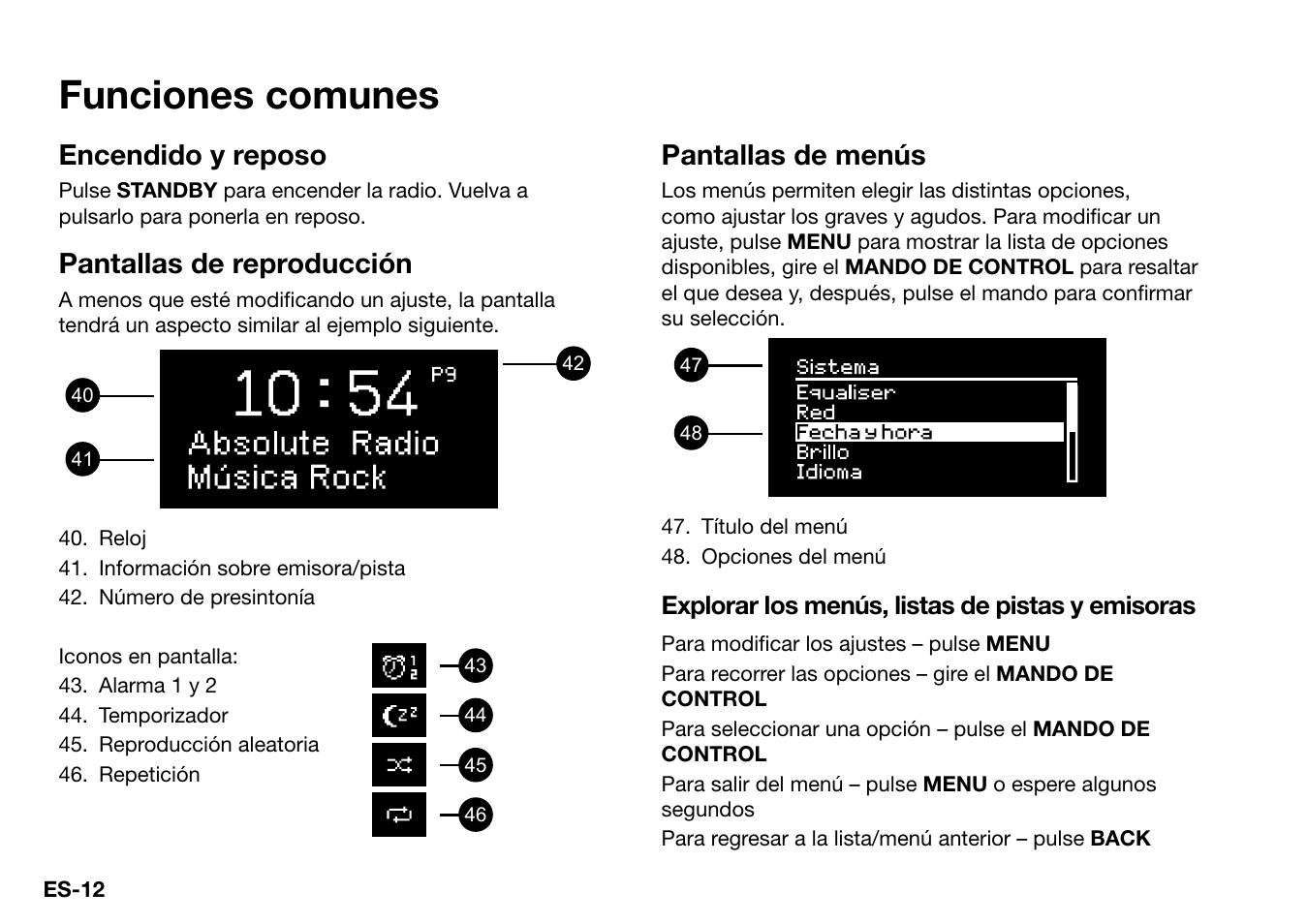 Funciones comunes, Encendido y reposo, Pantallas de reproducción | Pantallas de menús | Ruark Audio R2 (mk3) User Manual | Page 108 / 256