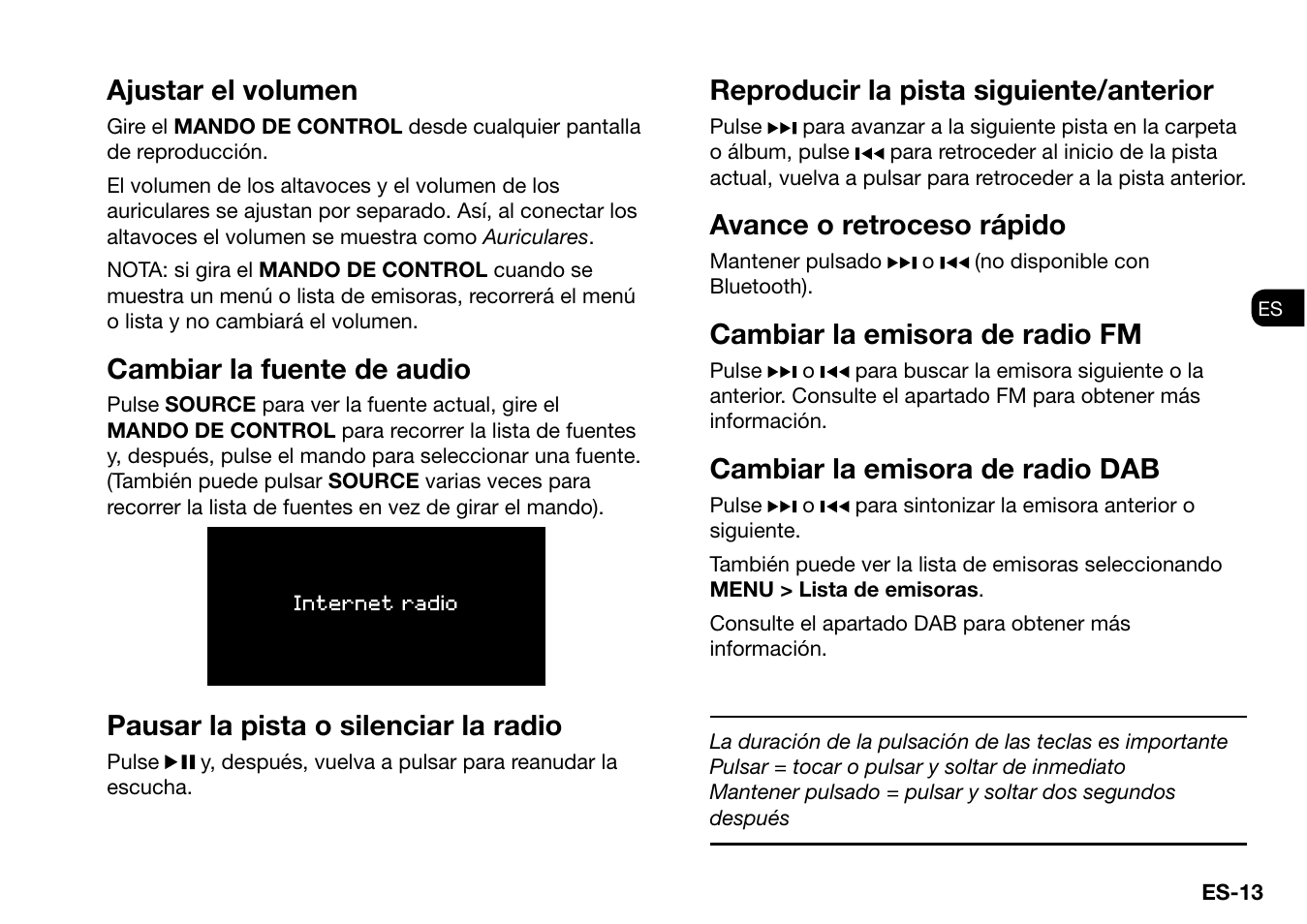 Ajustar el volumen, Cambiar la fuente de audio, Pausar la pista o silenciar la radio | Reproducir la pista siguiente/anterior, Avance o retroceso rápido, Cambiar la emisora de radio fm, Cambiar la emisora de radio dab | Ruark Audio R2 (mk3) User Manual | Page 109 / 256