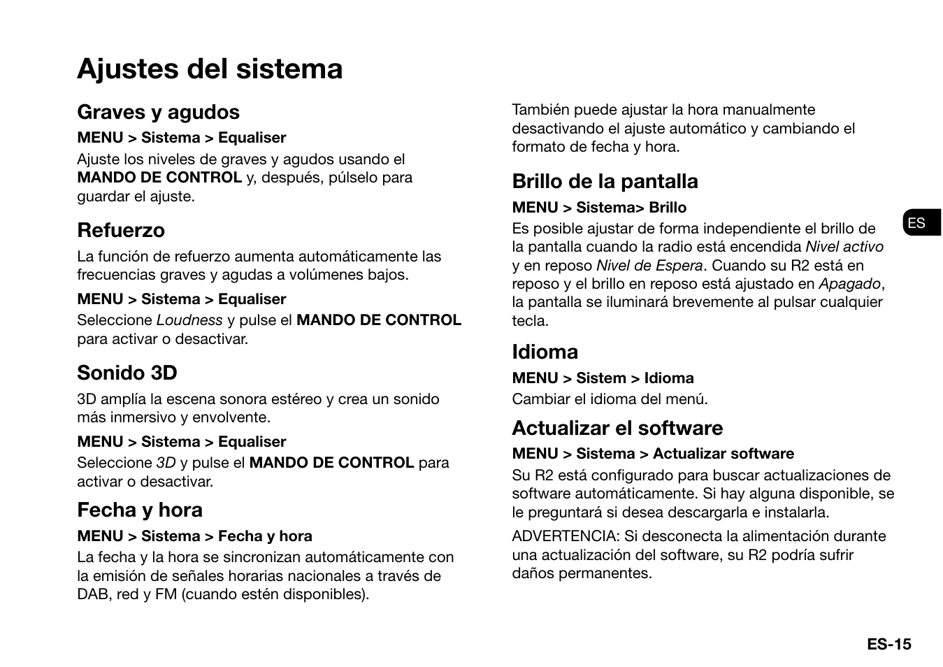Ajustes del sistema, Graves y agudos, Refuerzo | Sonido 3d, Fecha y hora, Brillo de la pantalla, Idioma, Actualizar el software | Ruark Audio R2 (mk3) User Manual | Page 111 / 256