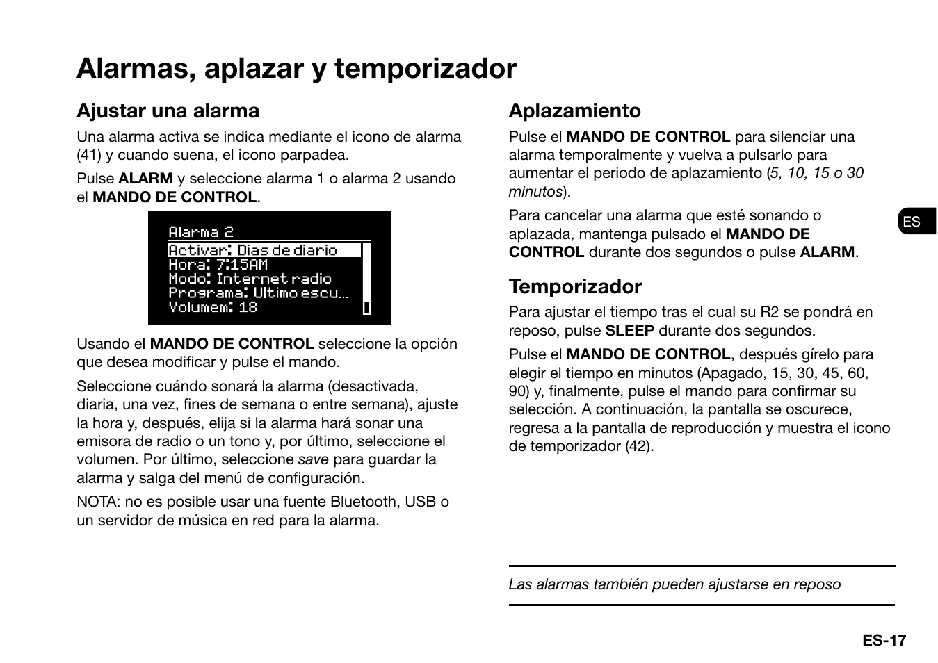 Alarmas, aplazar y temporizador, Ajustar una alarma, Aplazamiento | Temporizador | Ruark Audio R2 (mk3) User Manual | Page 113 / 256