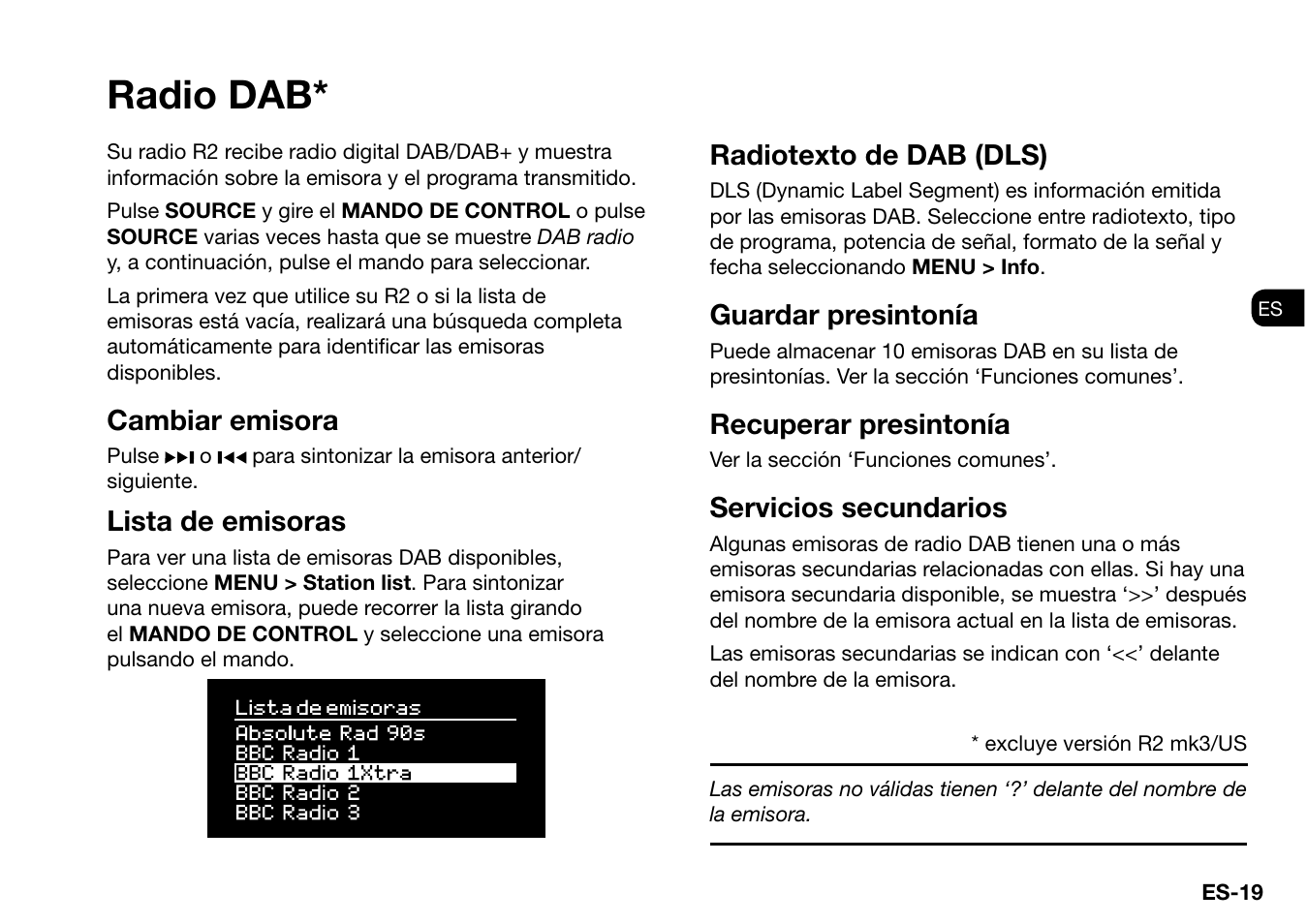 Radio dab, Cambiar emisora, Lista de emisoras | Radiotexto de dab (dls), Guardar presintonía, Recuperar presintonía, Servicios secundarios | Ruark Audio R2 (mk3) User Manual | Page 115 / 256