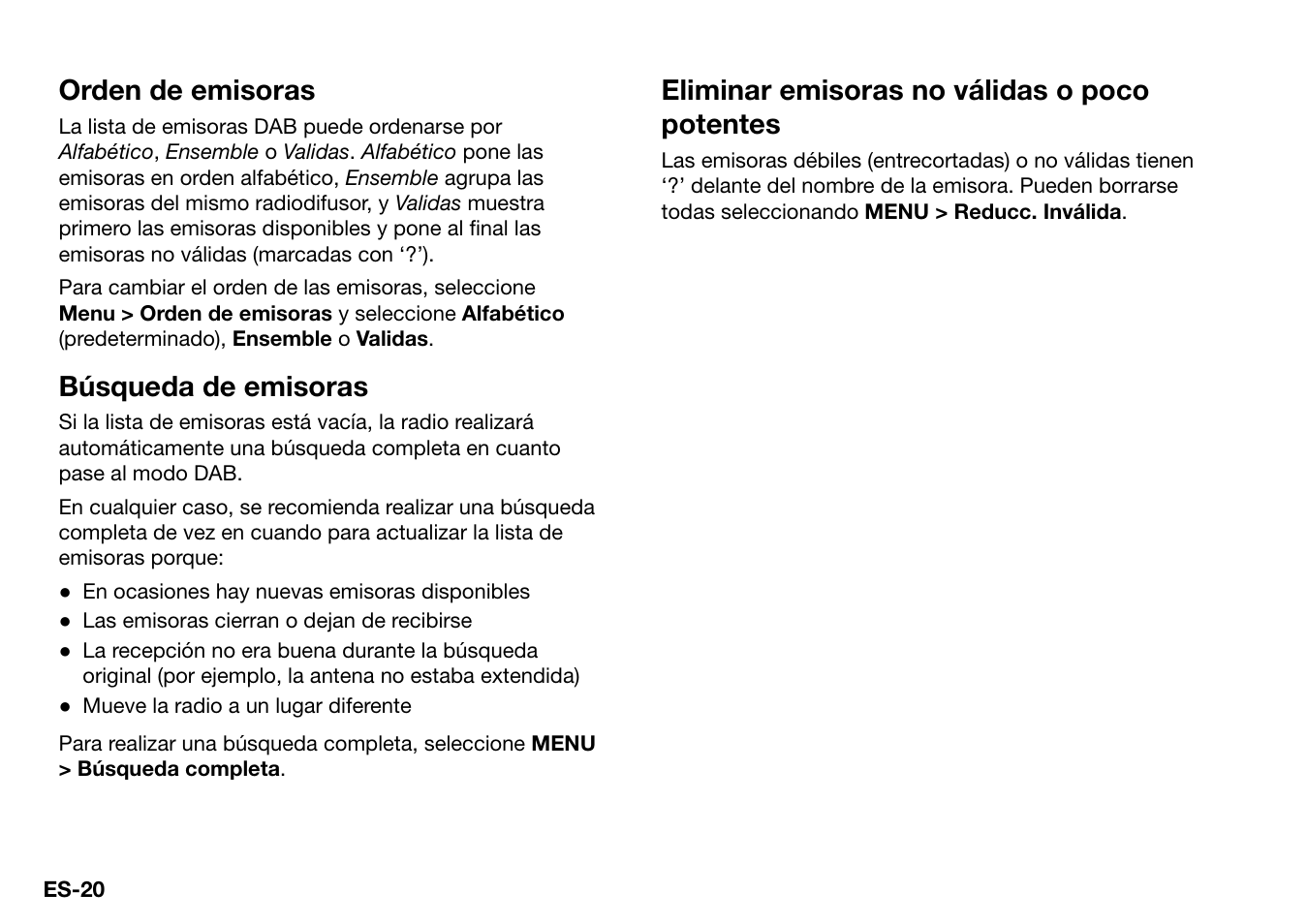 Orden de emisoras, Búsqueda de emisoras, Eliminar emisoras no válidas o poco potentes | Ruark Audio R2 (mk3) User Manual | Page 116 / 256