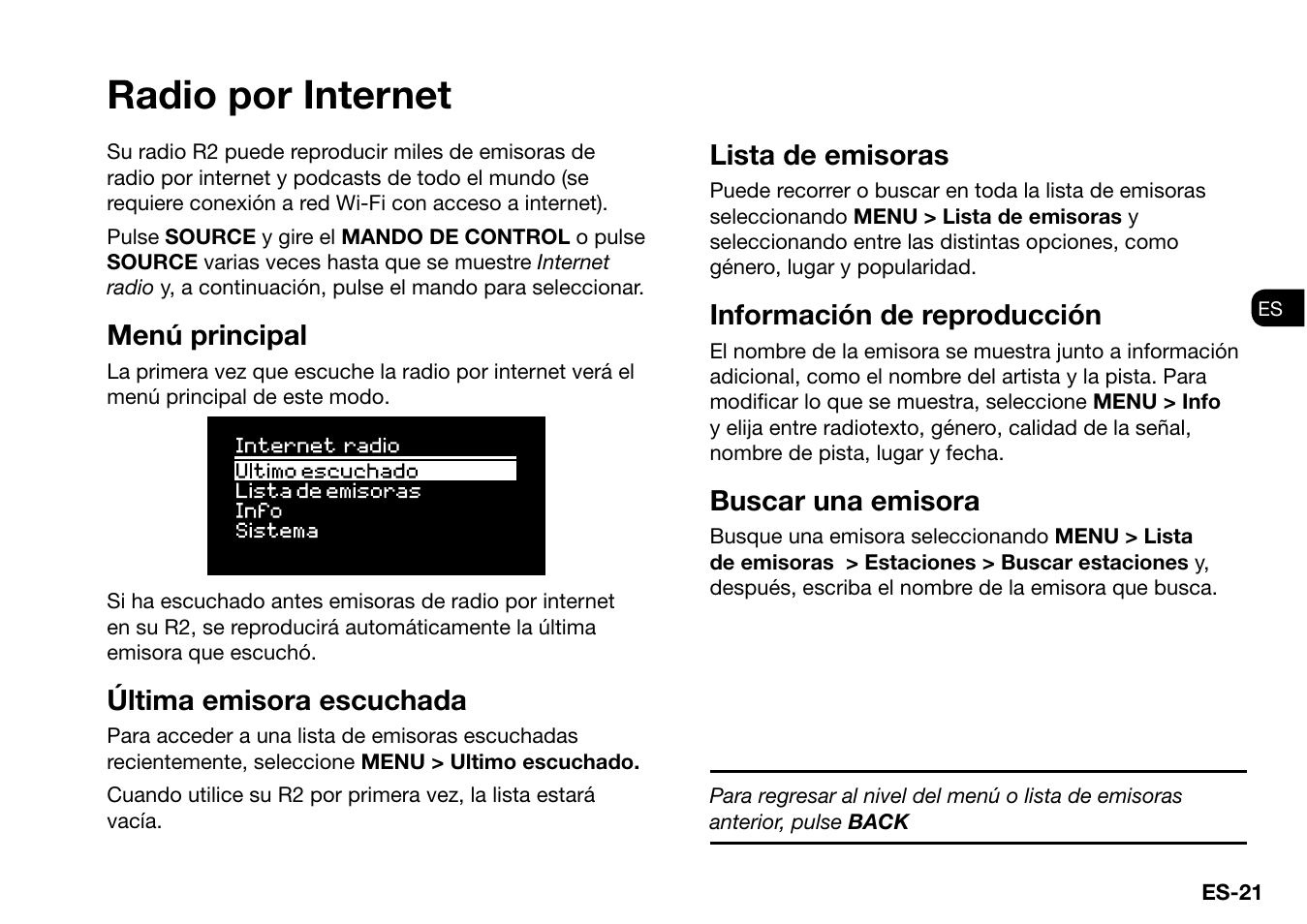 Radio por internet, Menú principal, Última emisora escuchada | Lista de emisoras, Información de reproducción, Buscar una emisora | Ruark Audio R2 (mk3) User Manual | Page 117 / 256