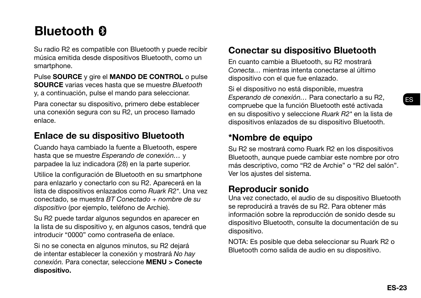 Bluetooth, Enlace de su dispositivo bluetooth, Conectar su dispositivo bluetooth | Nombre de equipo, Reproducir sonido | Ruark Audio R2 (mk3) User Manual | Page 119 / 256