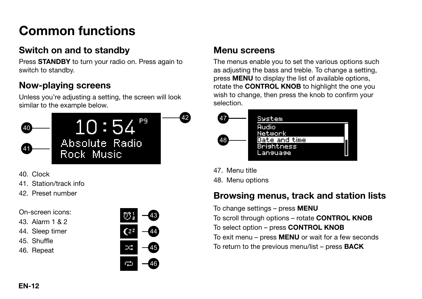 Common functions, Switch on and to standby, Now-playing screens | Menu screens, Browsing menus, track and station lists | Ruark Audio R2 (mk3) User Manual | Page 12 / 256