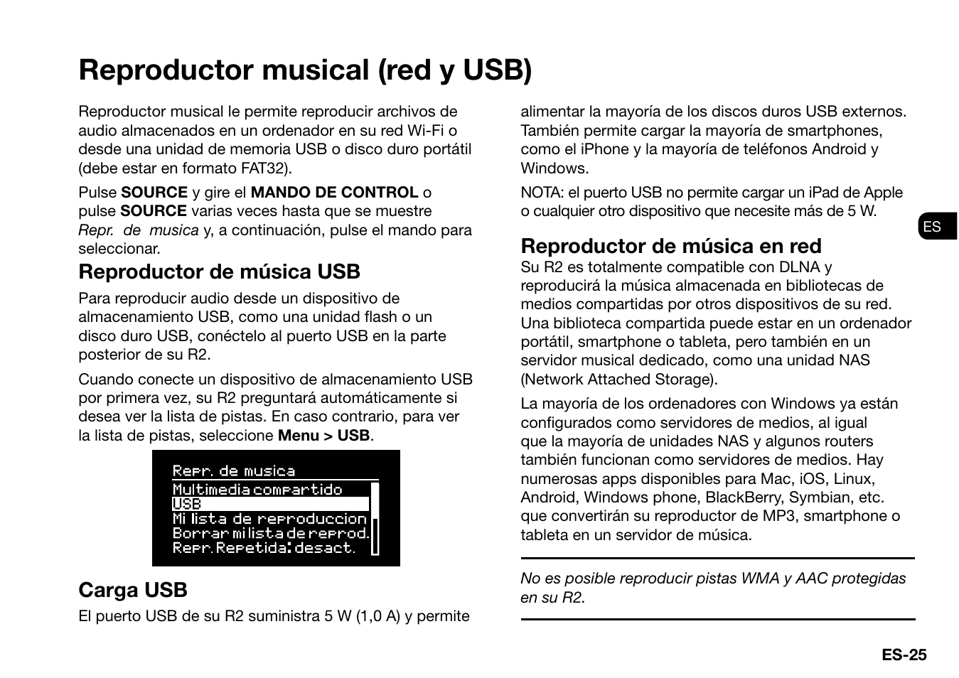 Reproductor musical (red y usb), Reproductor de música usb, Carga usb | Reproductor de música en red | Ruark Audio R2 (mk3) User Manual | Page 121 / 256