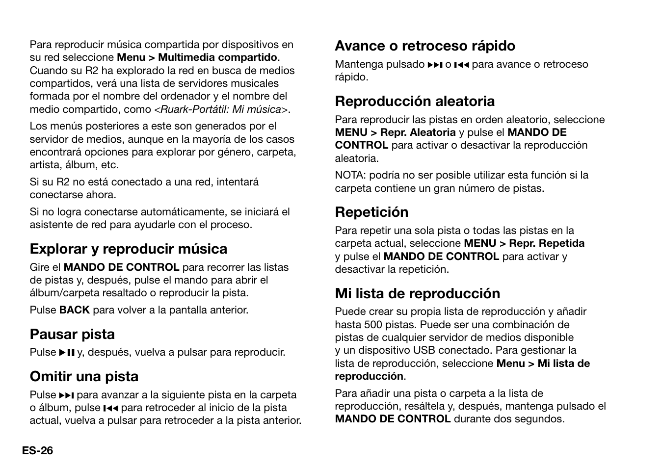 Explorar y reproducir música, Pausar pista, Omitir una pista | Avance o retroceso rápido, Reproducción aleatoria, Repetición, Mi lista de reproducción | Ruark Audio R2 (mk3) User Manual | Page 122 / 256