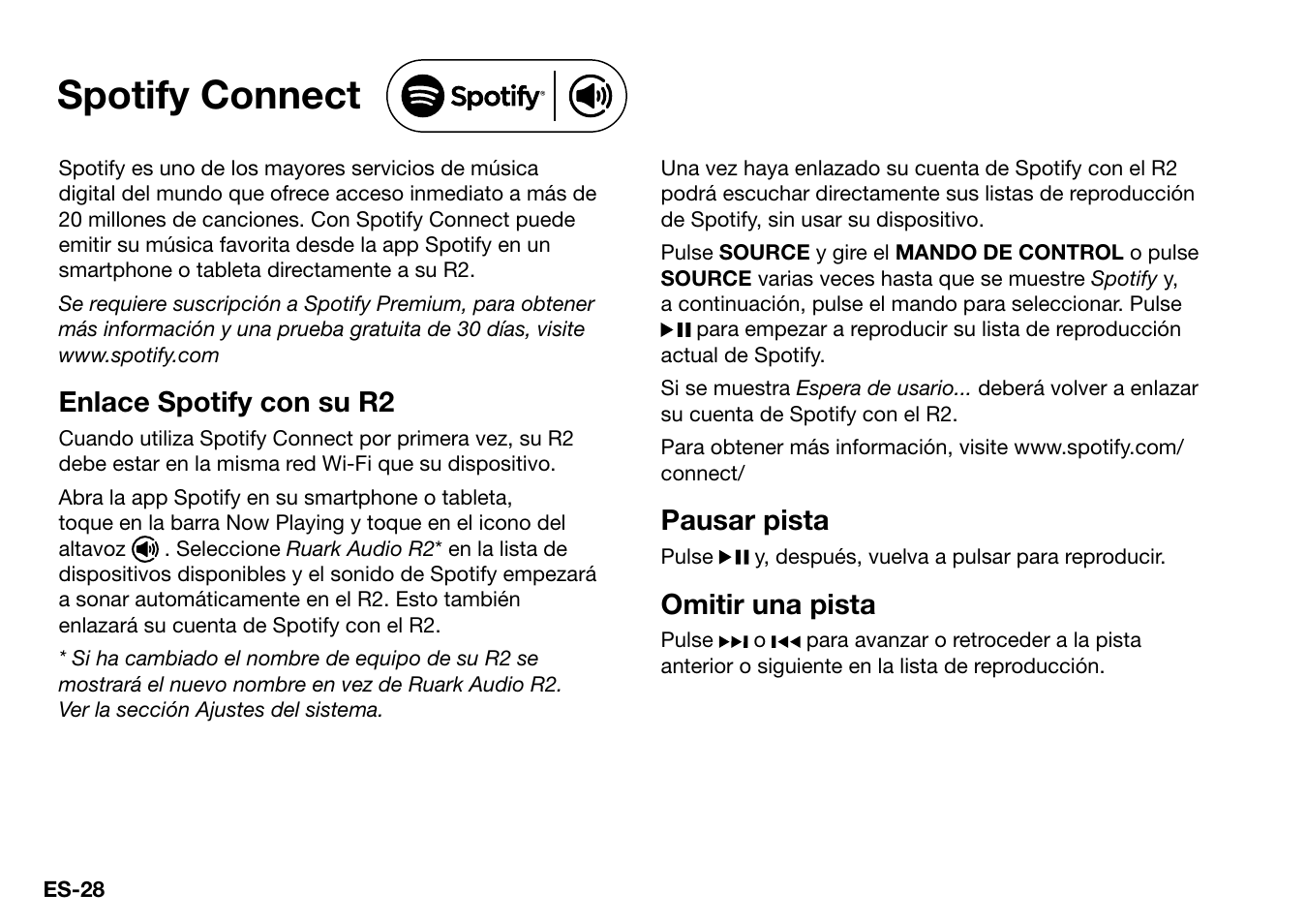 Spotify connect, Enlace spotify con su r2, Pausar pista | Omitir una pista | Ruark Audio R2 (mk3) User Manual | Page 124 / 256