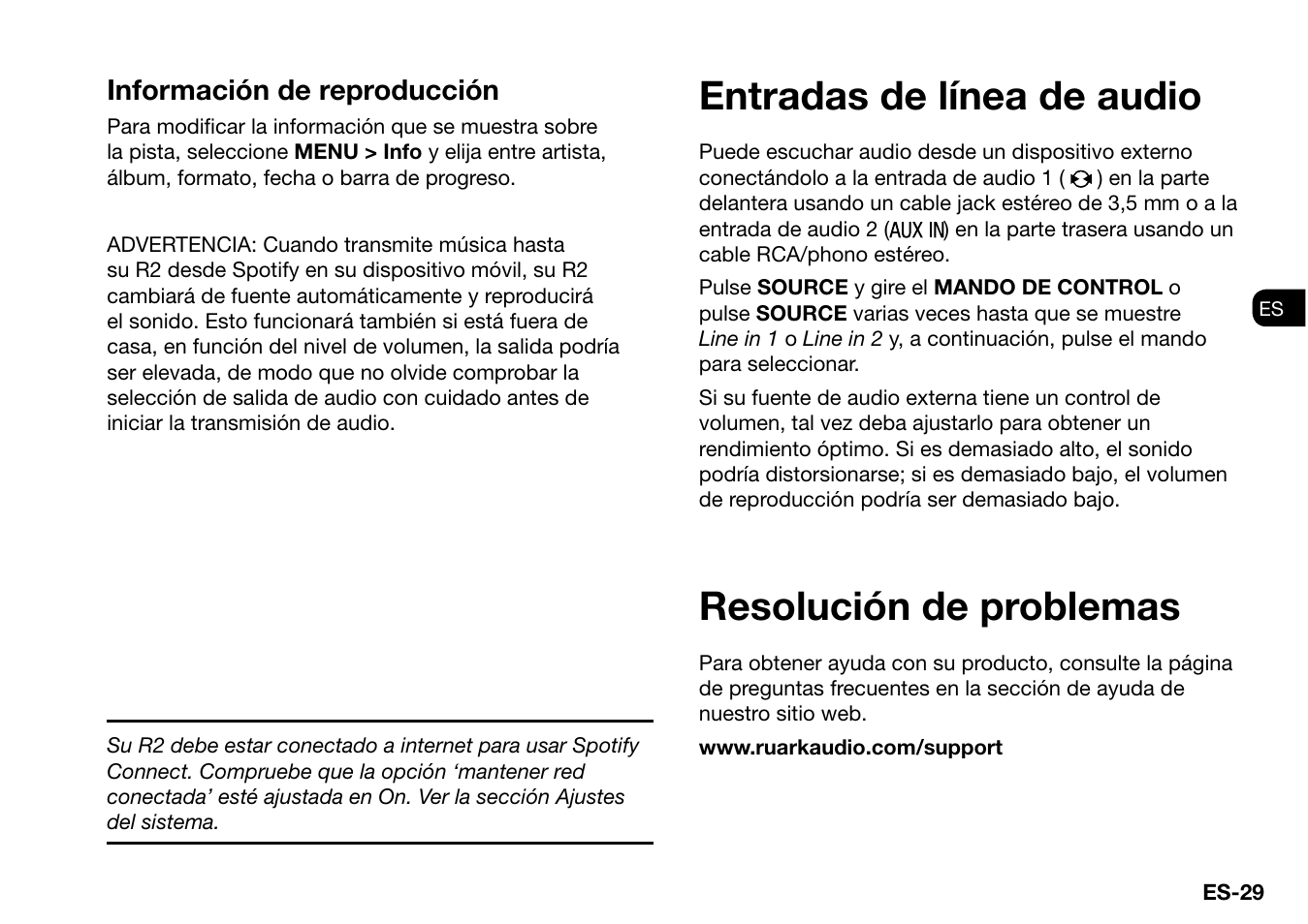 Resolución de problemas, Entradas de línea de audio, Información de reproducción | Ruark Audio R2 (mk3) User Manual | Page 125 / 256