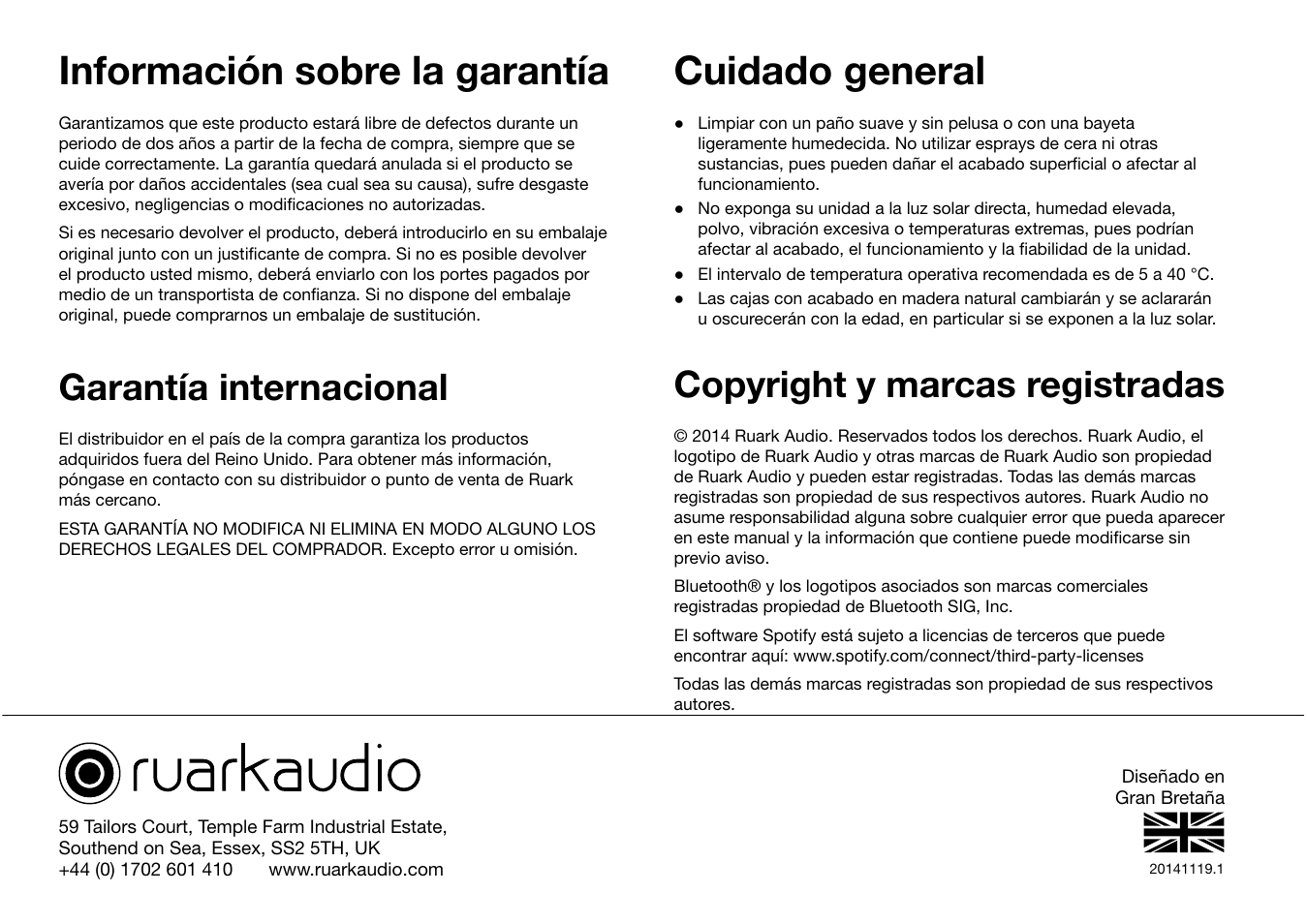 Información sobre la garantía, Cuidado general, Garantía internacional | Copyright y marcas registradas | Ruark Audio R2 (mk3) User Manual | Page 128 / 256