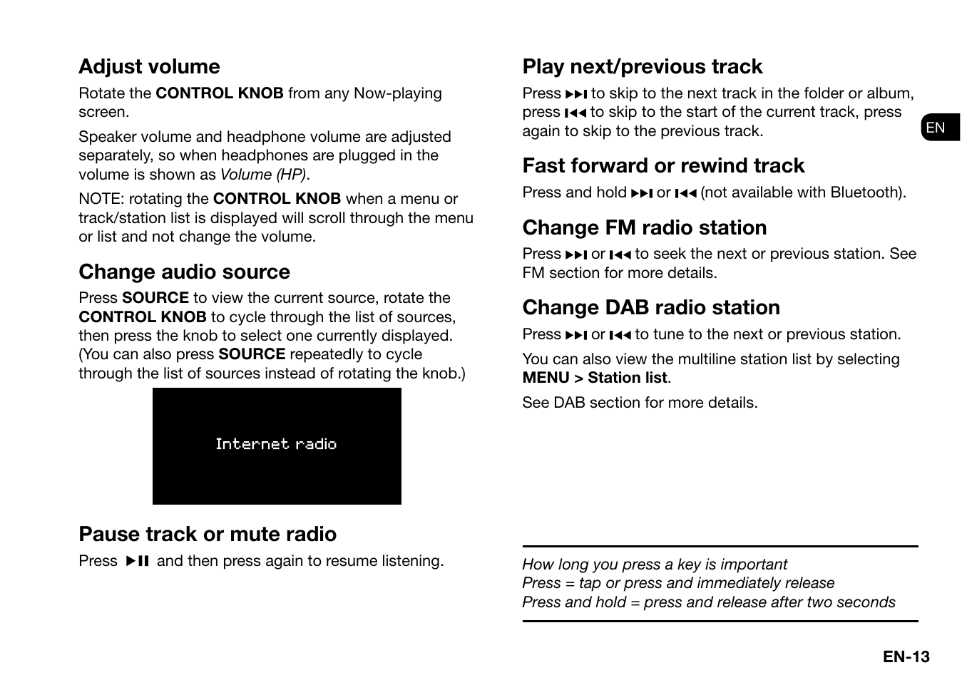 Adjust volume, Change audio source, Pause track or mute radio | Play next/previous track, Fast forward or rewind track, Change fm radio station, Change dab radio station | Ruark Audio R2 (mk3) User Manual | Page 13 / 256