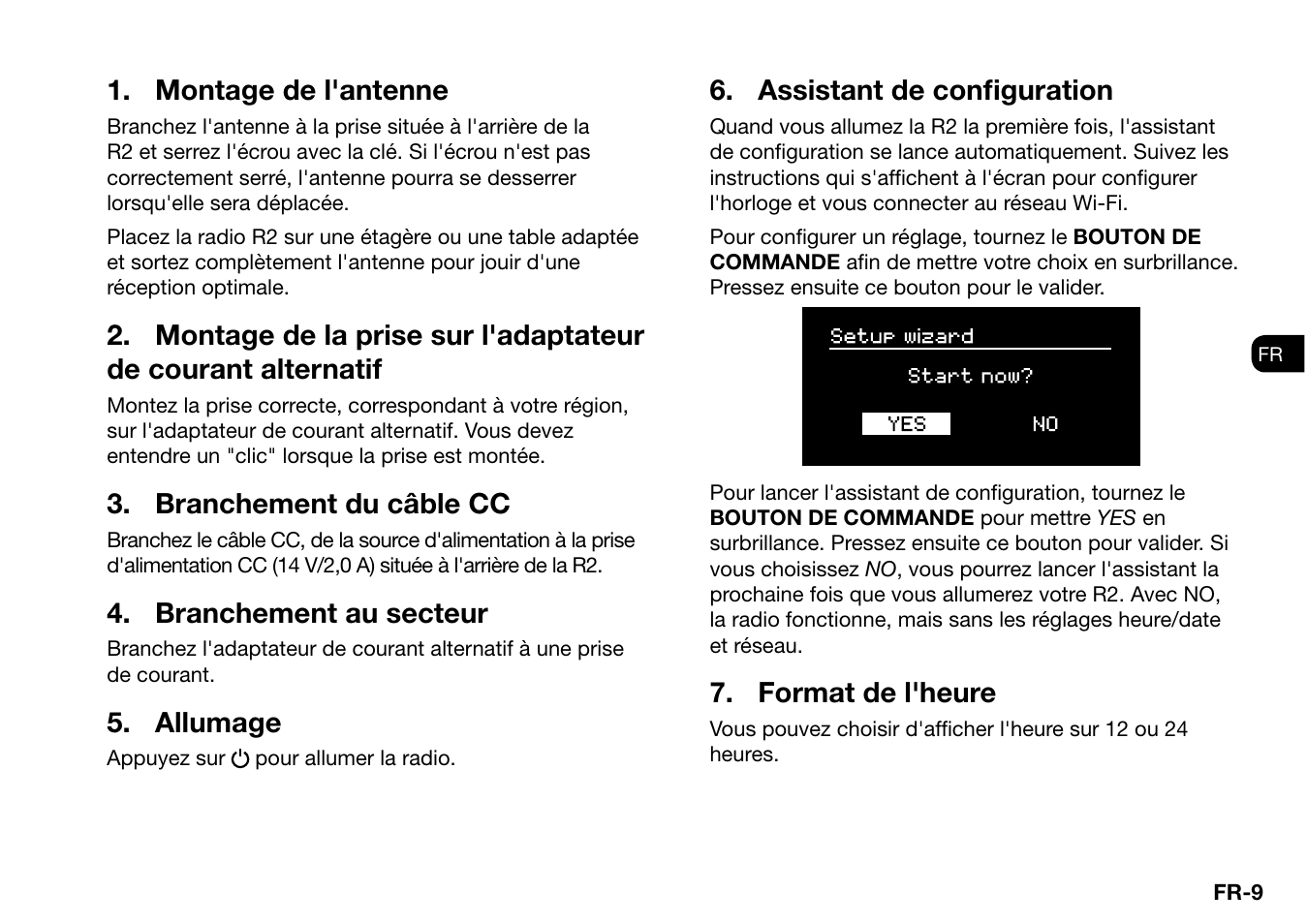 Montage de l'antenne, Branchement du câble cc, Branchement au secteur | Allumage, Assistant de confi guration, Format de l'heure | Ruark Audio R2 (mk3) User Manual | Page 137 / 256