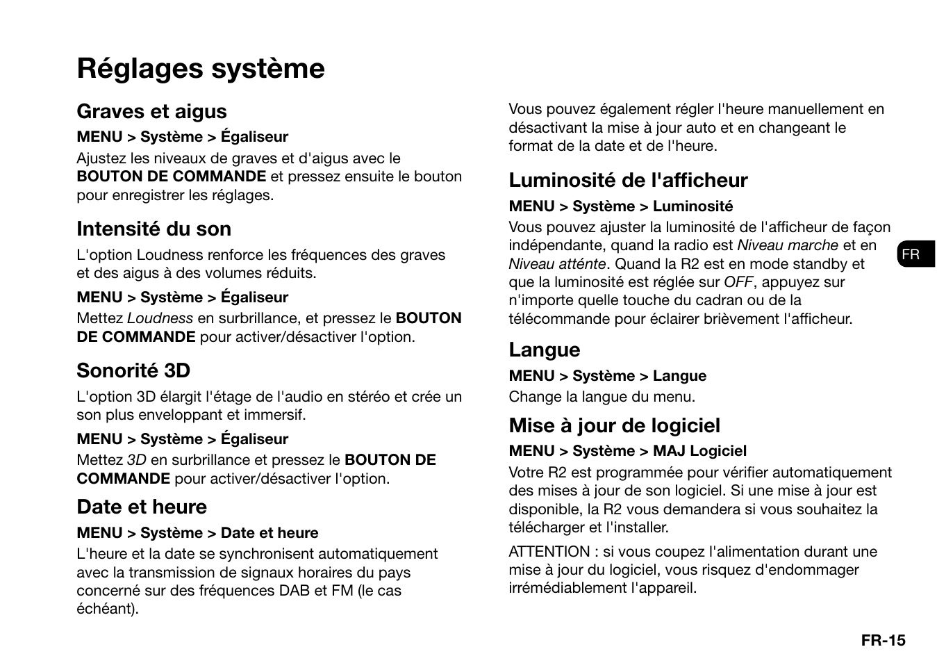 Réglages système, Graves et aigus, Intensité du son | Sonorité 3d, Date et heure, Luminosité de l'afficheur, Langue, Mise à jour de logiciel | Ruark Audio R2 (mk3) User Manual | Page 143 / 256