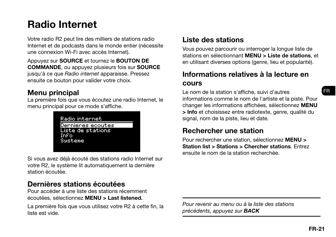 Radio internet, Menu principal, Dernières stations écoutées | Liste des stations, Informations relatives à la lecture en cours, Rechercher une station | Ruark Audio R2 (mk3) User Manual | Page 149 / 256