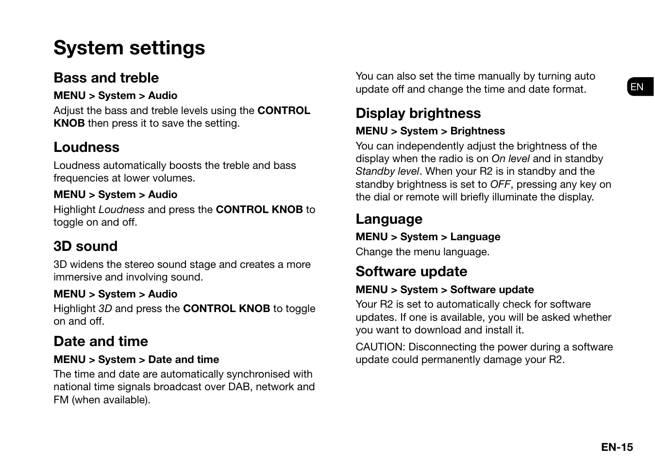 System settings, Bass and treble, Loudness | 3d sound, Date and time, Display brightness, Language, Software update | Ruark Audio R2 (mk3) User Manual | Page 15 / 256