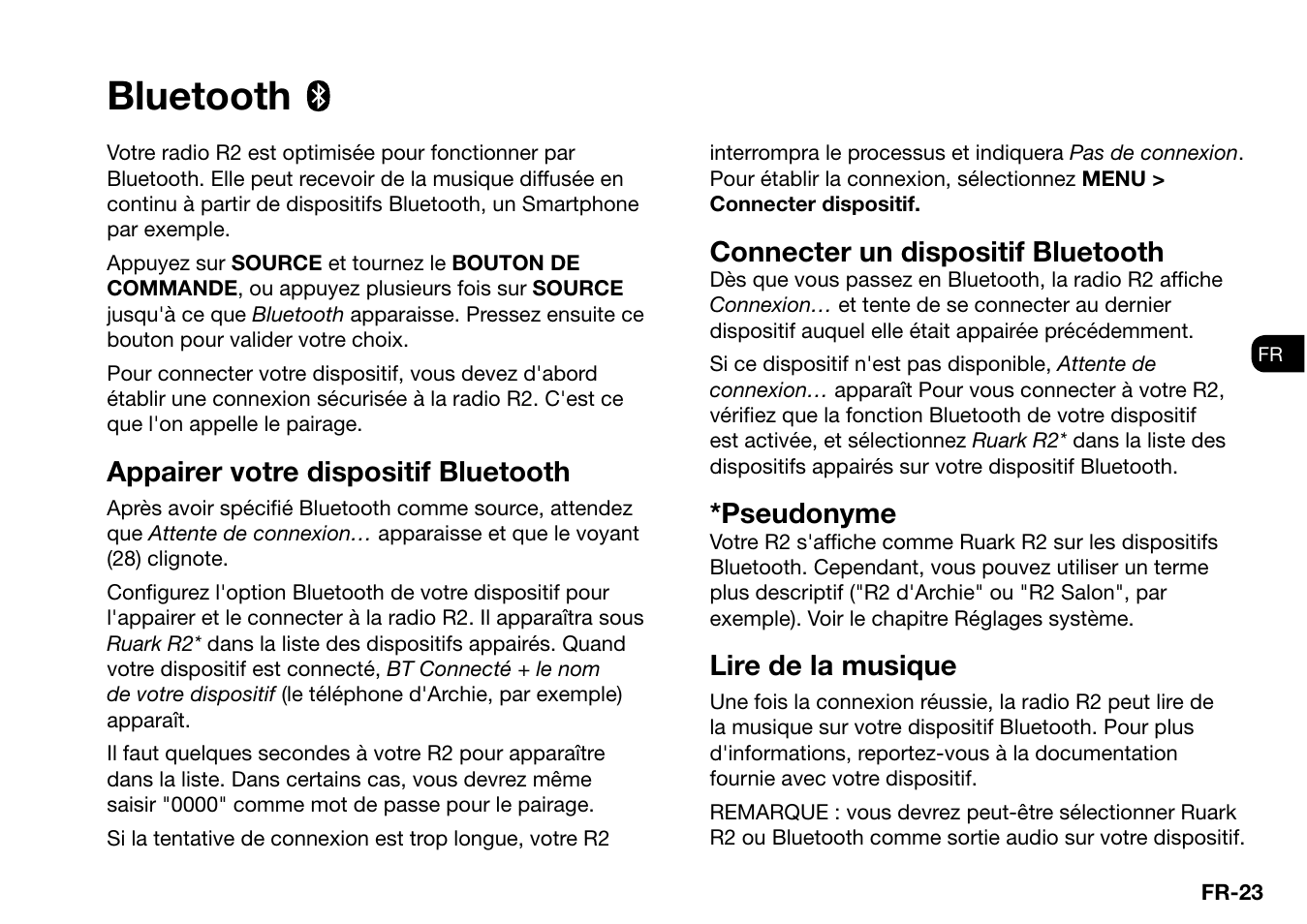 Bluetooth, Appairer votre dispositif bluetooth, Connecter un dispositif bluetooth | Pseudonyme, Lire de la musique | Ruark Audio R2 (mk3) User Manual | Page 151 / 256