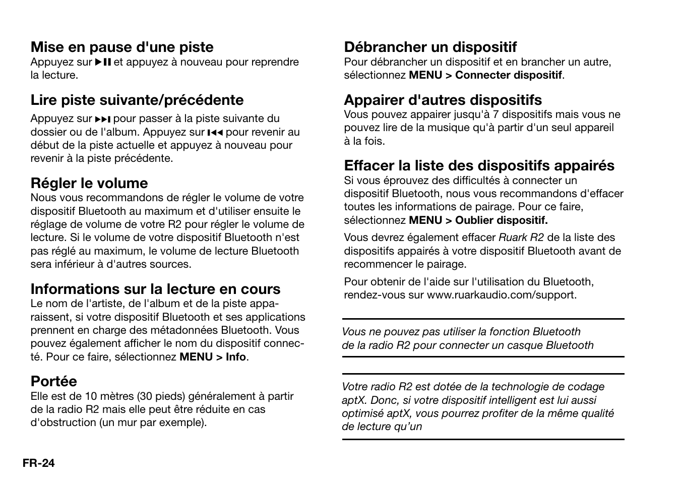 Mise en pause d'une piste, Lire piste suivante/précédente, Régler le volume | Informations sur la lecture en cours, Portée, Débrancher un dispositif, Appairer d'autres dispositifs, Effacer la liste des dispositifs appairés | Ruark Audio R2 (mk3) User Manual | Page 152 / 256