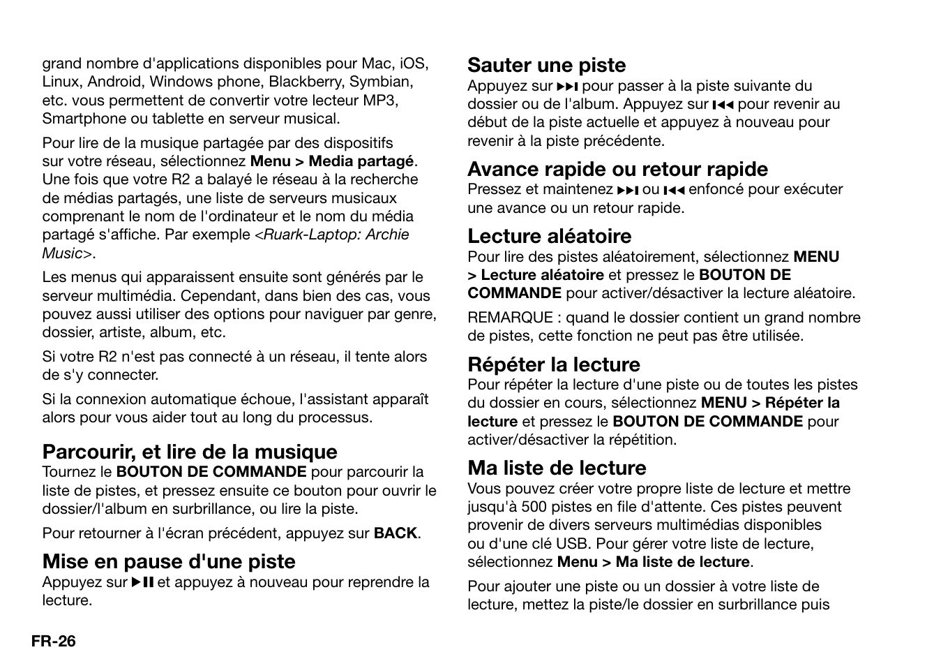 Parcourir, et lire de la musique, Mise en pause d'une piste, Sauter une piste | Avance rapide ou retour rapide, Lecture aléatoire, Répéter la lecture, Ma liste de lecture | Ruark Audio R2 (mk3) User Manual | Page 154 / 256