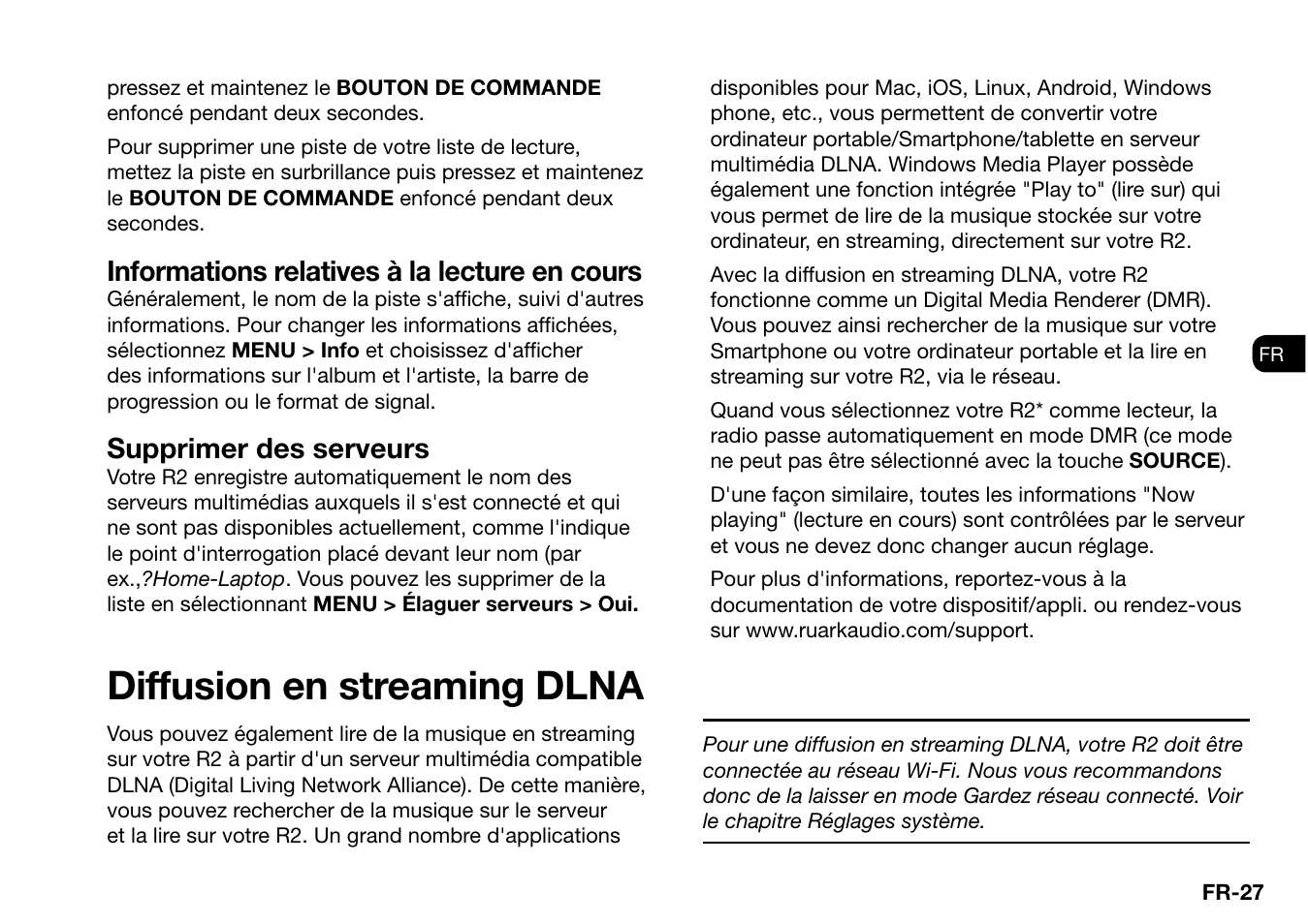 Diffusion en streaming dlna, Informations relatives à la lecture en cours, Supprimer des serveurs | Ruark Audio R2 (mk3) User Manual | Page 155 / 256