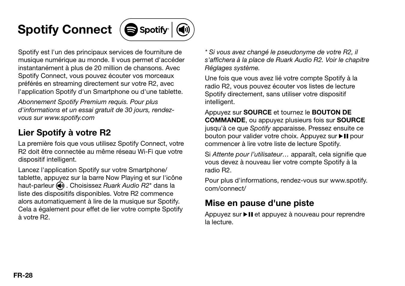 Spotify connect, Lier spotify à votre r2, Mise en pause d'une piste | Ruark Audio R2 (mk3) User Manual | Page 156 / 256