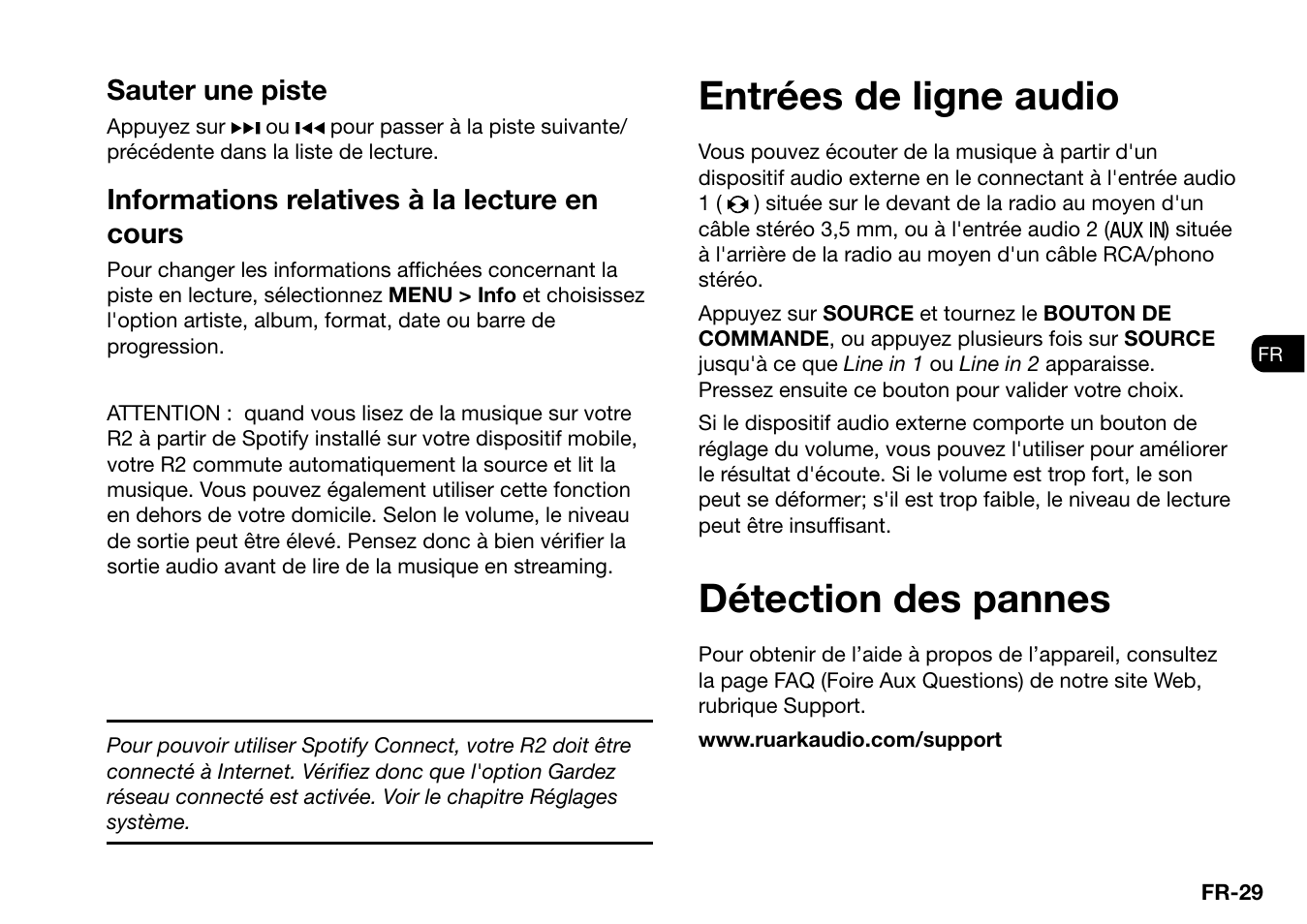 Détection des pannes, Entrées de ligne audio, Sauter une piste | Informations relatives à la lecture en cours | Ruark Audio R2 (mk3) User Manual | Page 157 / 256