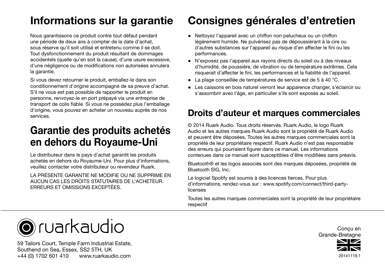 Informations sur la garantie, Consignes générales d’entretien, Droits d’auteur et marques commerciales | Ruark Audio R2 (mk3) User Manual | Page 160 / 256