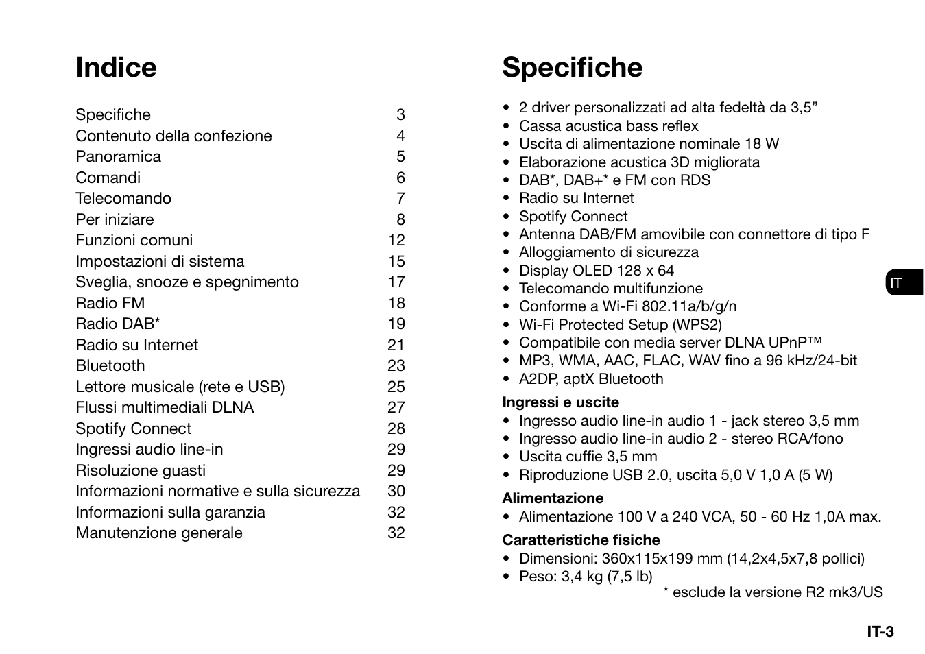 Specifi che, Indice | Ruark Audio R2 (mk3) User Manual | Page 163 / 256