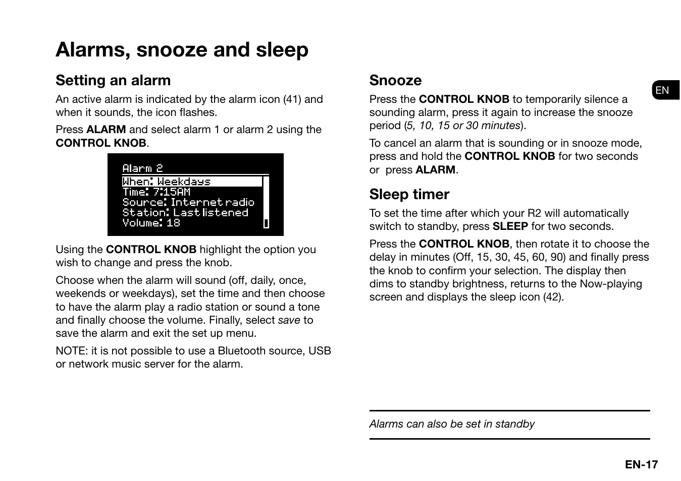 Alarms, snooze and sleep, Setting an alarm, Snooze | Sleep timer | Ruark Audio R2 (mk3) User Manual | Page 17 / 256