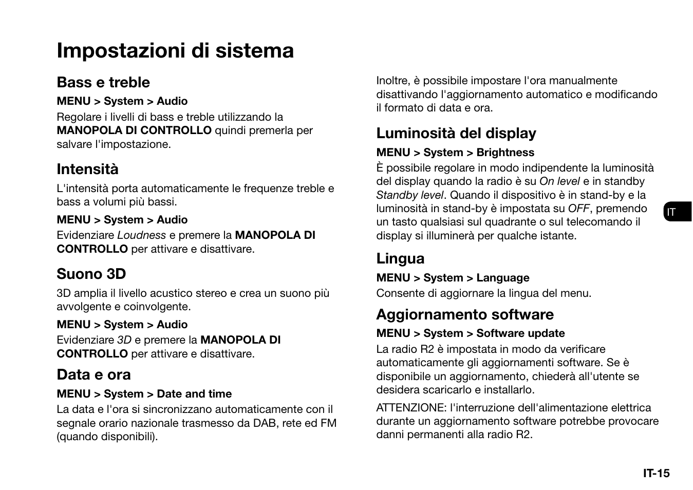 Impostazioni di sistema, Bass e treble, Intensità | Suono 3d, Data e ora, Luminosità del display, Lingua, Aggiornamento software | Ruark Audio R2 (mk3) User Manual | Page 175 / 256