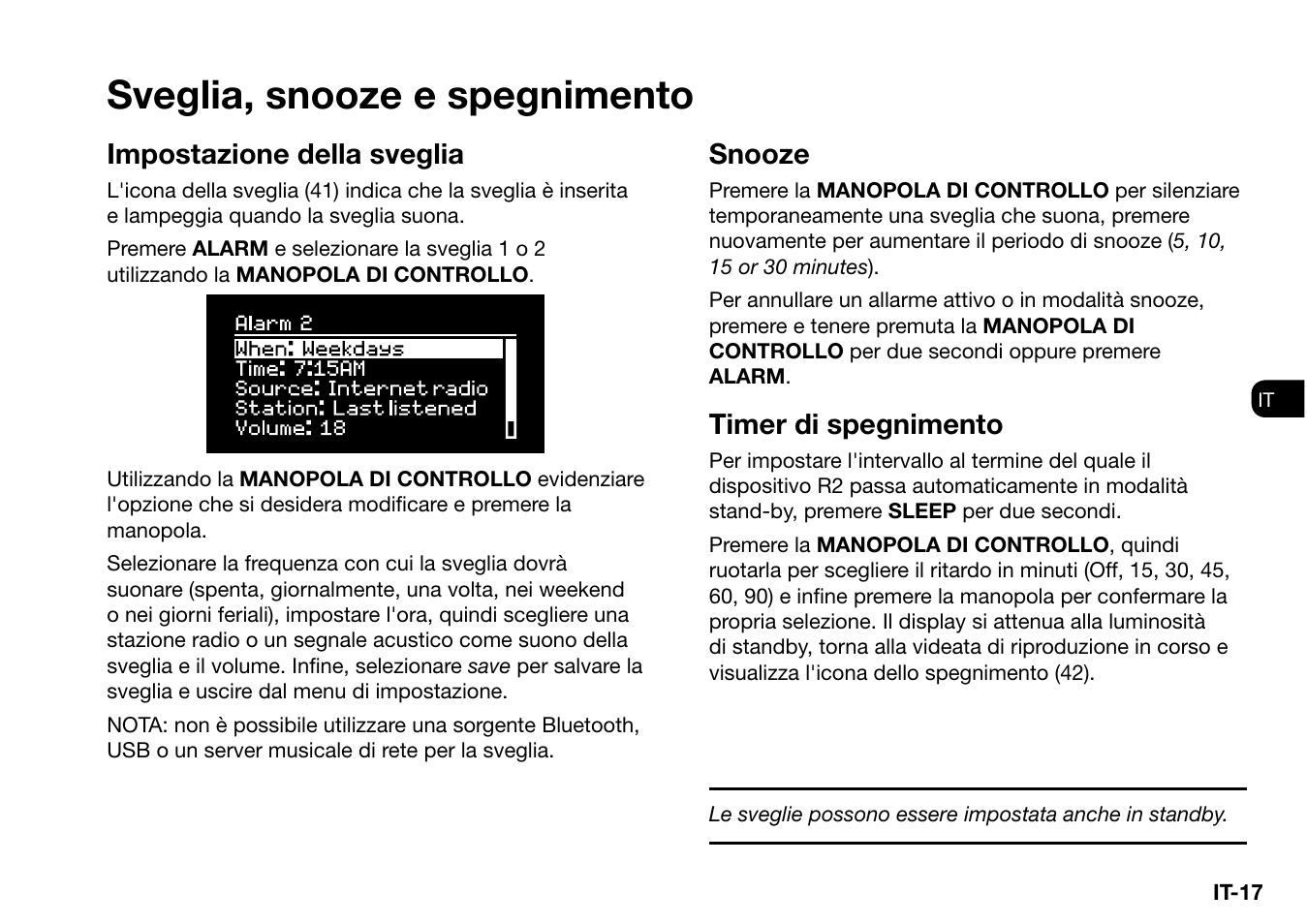 Sveglia, snooze e spegnimento, Impostazione della sveglia, Snooze | Timer di spegnimento | Ruark Audio R2 (mk3) User Manual | Page 177 / 256