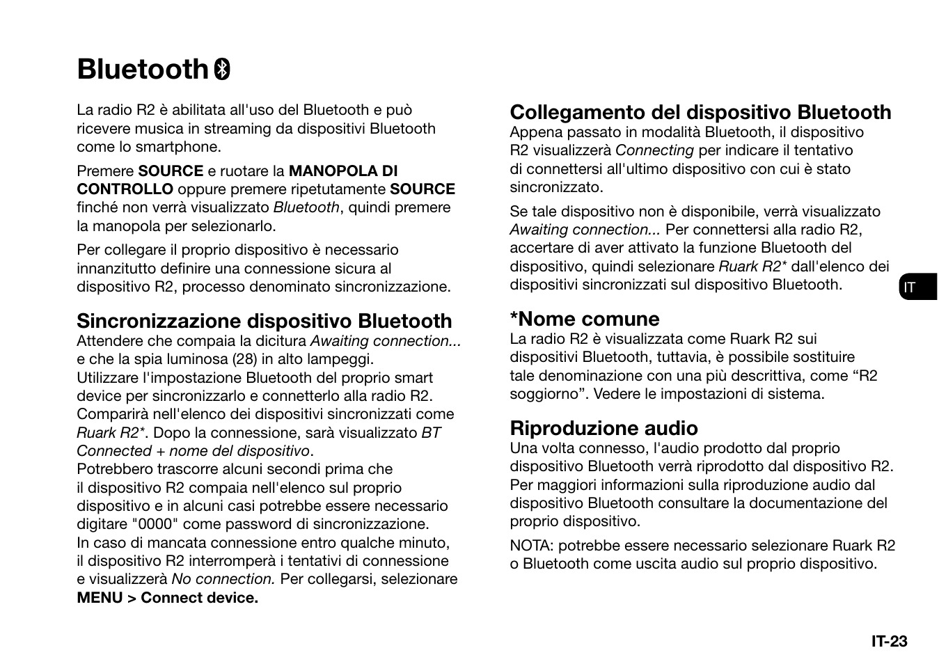 Bluetooth, Sincronizzazione dispositivo bluetooth, Collegamento del dispositivo bluetooth | Nome comune, Riproduzione audio | Ruark Audio R2 (mk3) User Manual | Page 183 / 256